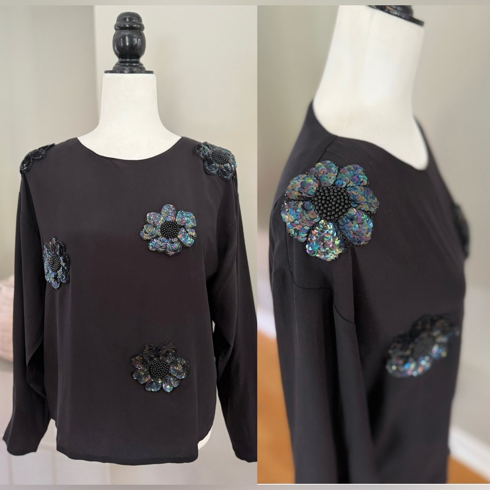 VTG 💯% Silk Rina Rossi Black Embellished Long Sleeve Blouse